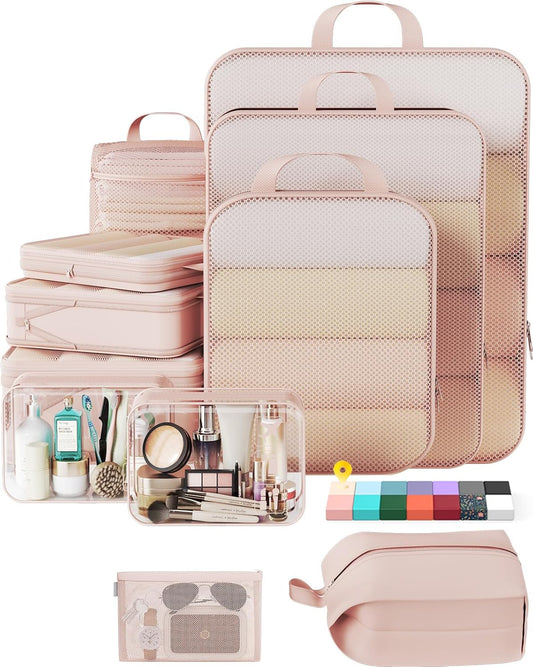 Veken 11 Set Compression Packing Cubes for Travel Essentials,Compressible Expandable Large Luggage Suitcase Organizer Bags for Clothing,Durable Space Saver Storage Bags with Toiletry Bags(Beige)