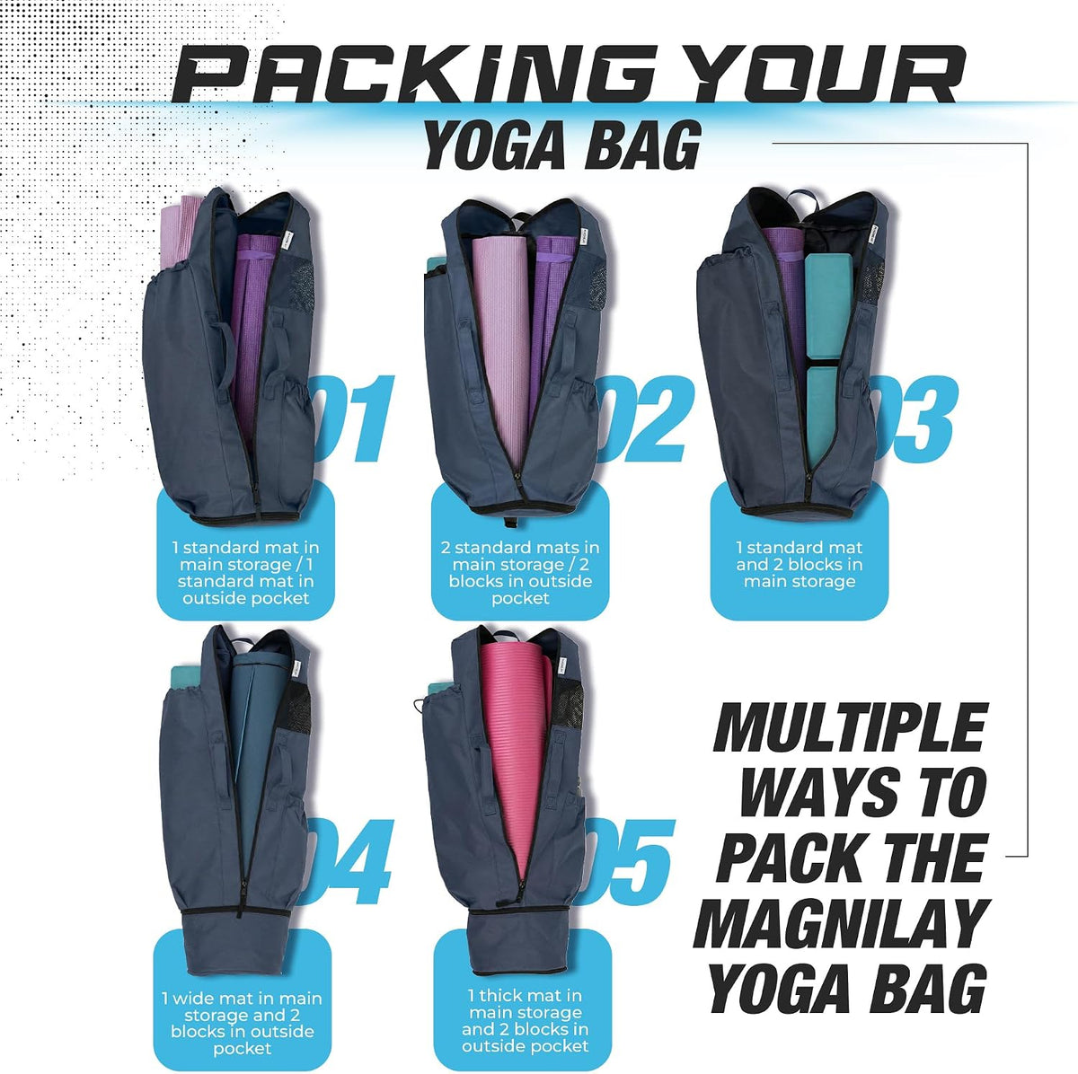 MAGNILAY Expandable Yoga Mat Bag, Adjustable Strap, Black, Large