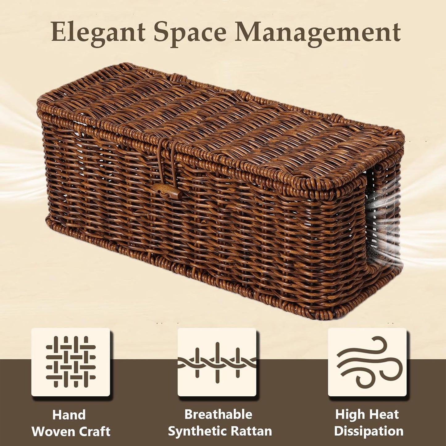 Cable Management Box, Cord Organizer with Lid & Cable Ties - Brown, L | Handmade Open Slots Cord Hider Outlet Covers for Power Strip TV PC Router Charger Under Desk Storage