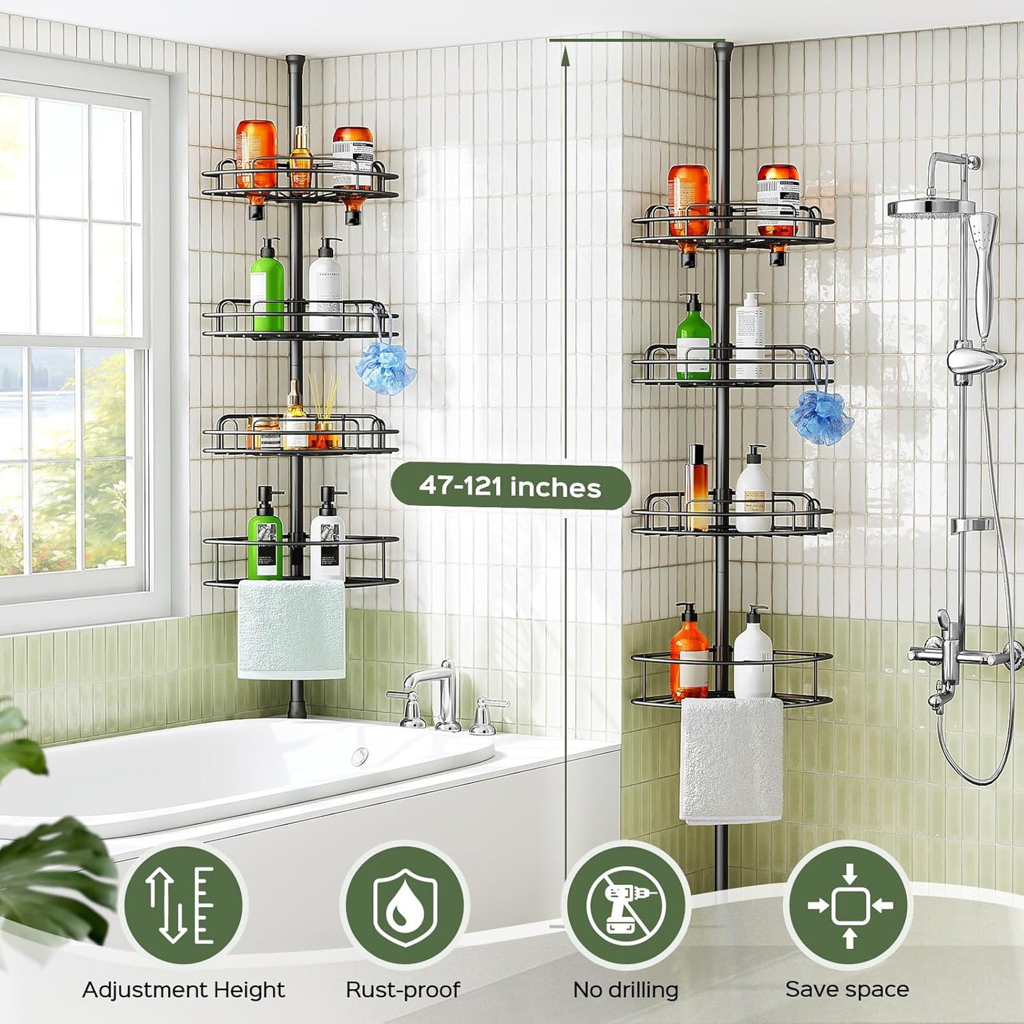 HAMITOR Corner Shower Caddy Tension Pole: 4-Tier Rust-Resistant Adjustable Bathroom Organizer Shelves - 47-121 Inch No-Drill Quick Installation - Space-Saving Storage for Renters Families - Black