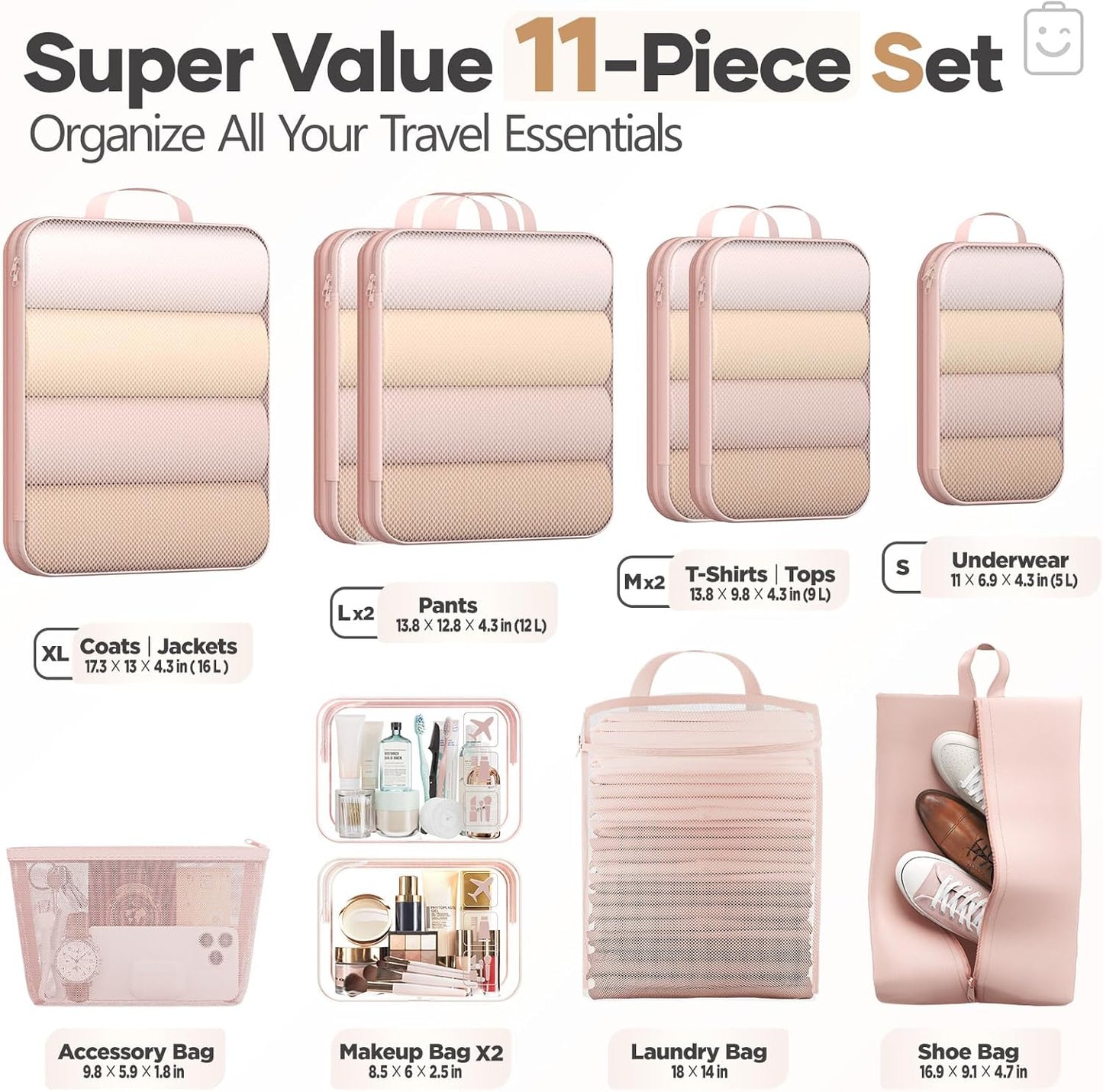 Veken 11 Set Compression Packing Cubes for Travel Essentials,Compressible Expandable Large Luggage Suitcase Organizer Bags for Clothing,Durable Space Saver Storage Bags with Toiletry Bags(Beige)
