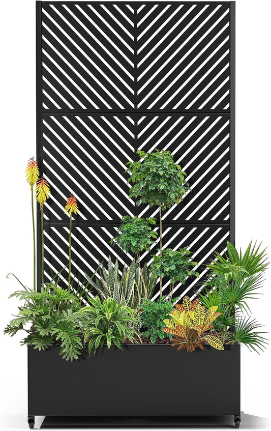 15.7"×70.9"×35.4" Metal Raised Garden Bed with Trellis and Wheels - Tall Trellis Planter Box for Climbing Plants, Vegetables & Vines - Outdoor Privacy Planters for Patio (Black-Parallel)