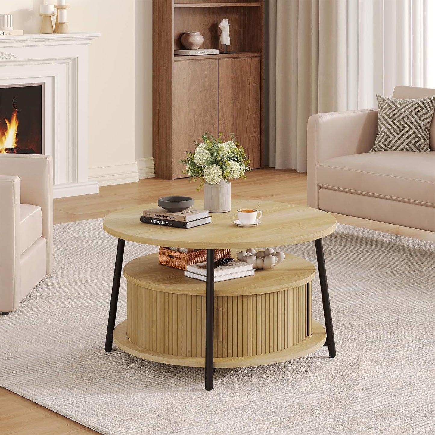 ONBRILL 31.5" Round Coffee Table with Storage and 2 Tiers, Oak | Mid-Century Modern Center Table with 2 Sliding Doors and Adjustable Footpad for Living Room
