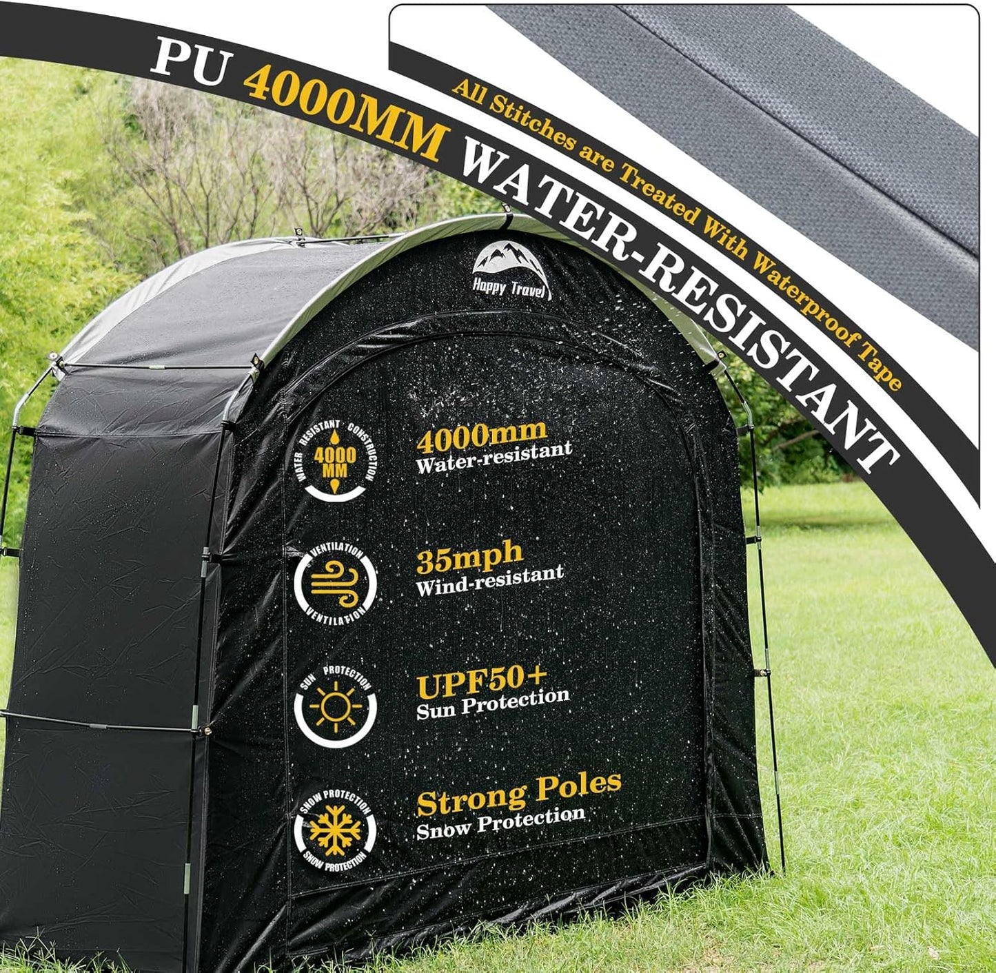Happy Travel Bike Storage Shed Tent, Waterproof Portable Bicycle Cover with 30% More Top Storage Space for 2/3/4/5 Bikes,Clips Easy Setup Outdoor Sheds Shelter for Motorcycle, Garden Tools, Lawn Mower