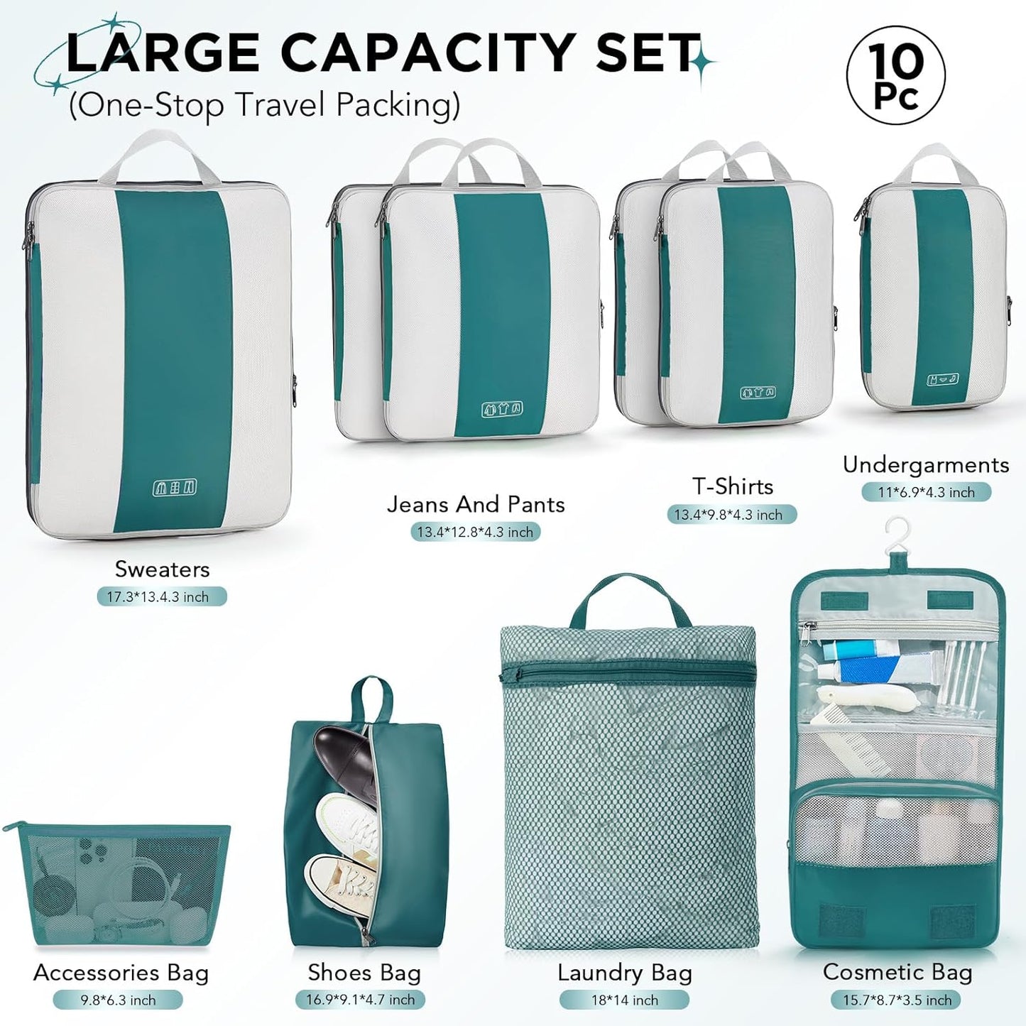 10 Set Compression Packing Cubes for Travel Essentials,Compressible Expandable Packing Cubes for Suitcase,OlarHike Luggage Garment Bags for Travel,Handy Helper for Organizing Clothes(Dark Blue Green)