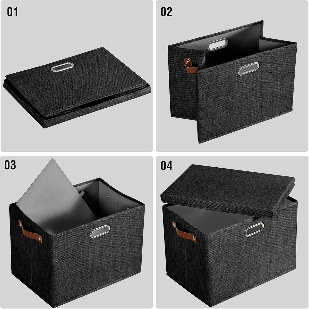 Roobyl 17" Large Fabric Storage Box with Lids, 3-Pack, Black