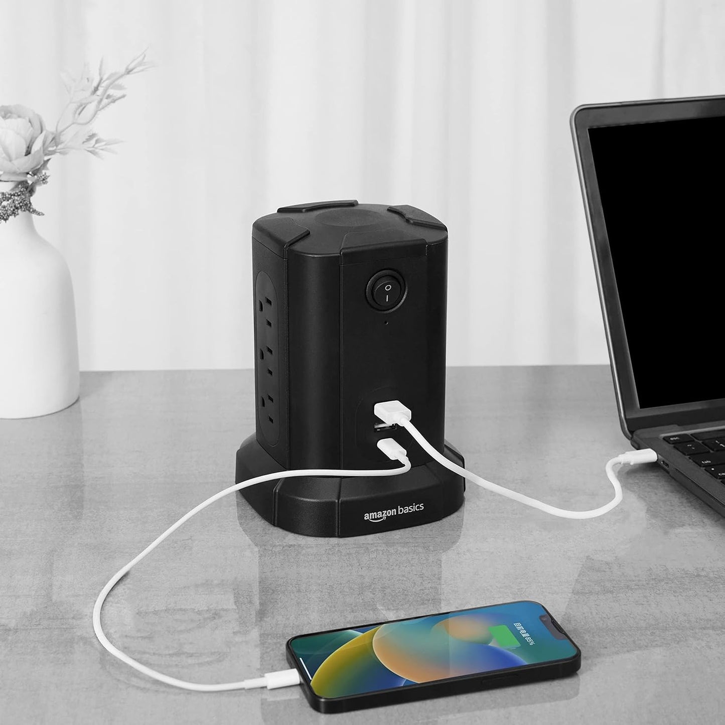Amazon Basics Power Strip Tower Charging Station, Surge Protector 1080J, 9 Outlet with Integrated USB Charging Ports (2 USB-A and 1 USB-C), Space Saving, 15A, 6ft Cord, Black