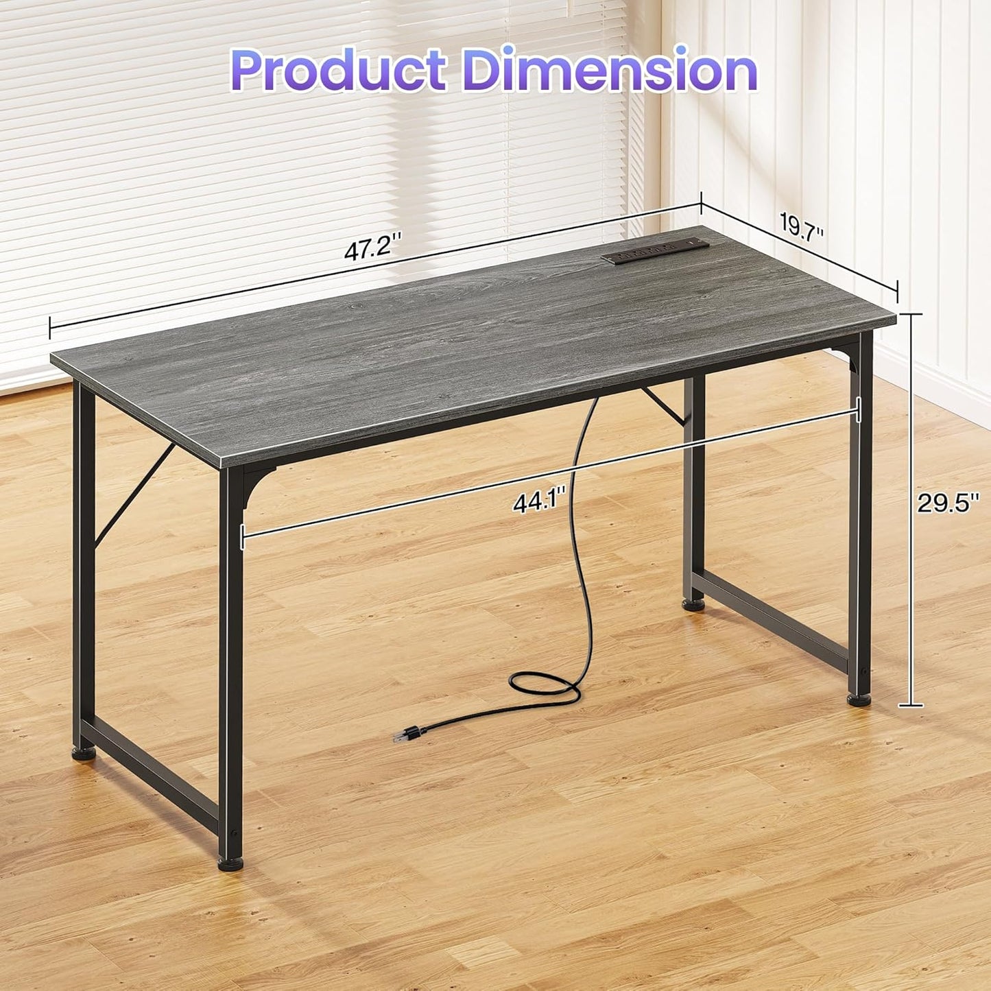 PRAISUN 47 X 20 Inch Office Computer Desk with Power Outlets and USB-C Port, Larger Gaming Desk, for Home Office, Study, Bedroom, Writing Work from Home Table, Metal Frame, Grey