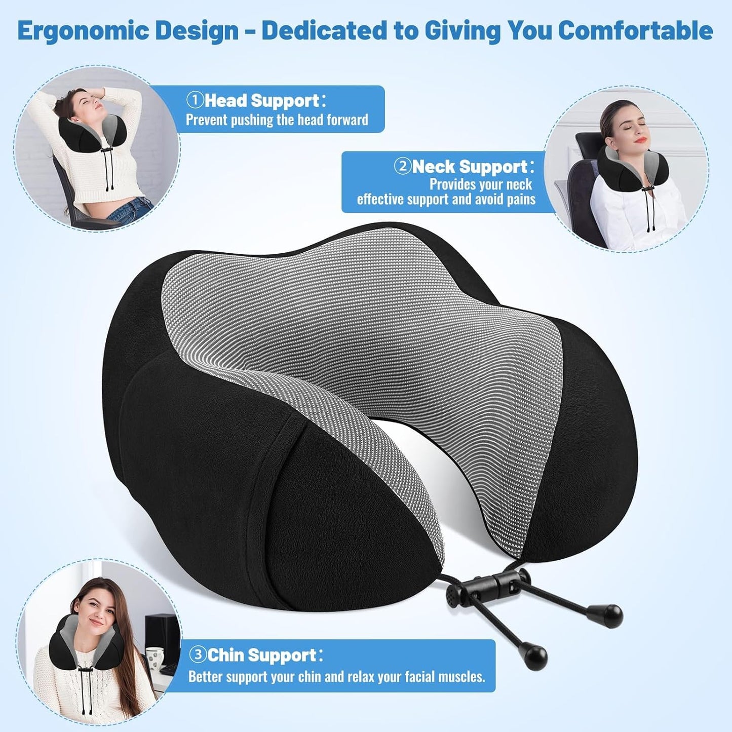 CloudBliss Travel Pillow for Airplane, Set of 2 Memory Foam Neck Pillow for Travel, Travel Neck Pillow for Long Flight, Car & Office, Trip Accessories with Eye Mask, Earplugs, Carry Bag, Black & Black