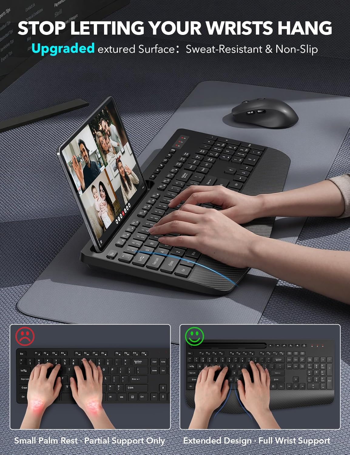 Wireless Keyboard and Mouse Combo - Full-Sized Ergonomic Keyboard with Wrist Rest, Phone Holder, Sleep Mode, 2.4G Quiet Keyboard for PC Laptop, Complete Work Setup for Office or Home -Trueque KM23