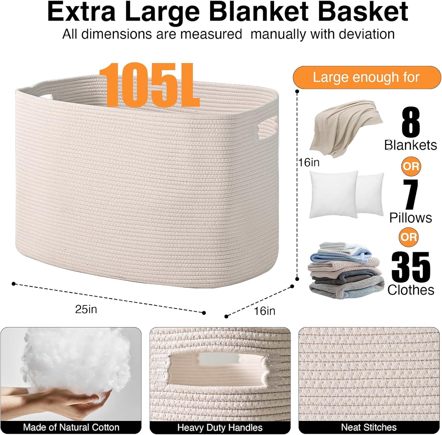 ICERZCZ White Laundry Basket, Blanket Baskets for Living Room, Cotton Rope Baskets for Storage, Woven Basket for Blankets, Toys, Clothes, Shoes, White, 25”x16”x16” (105L)