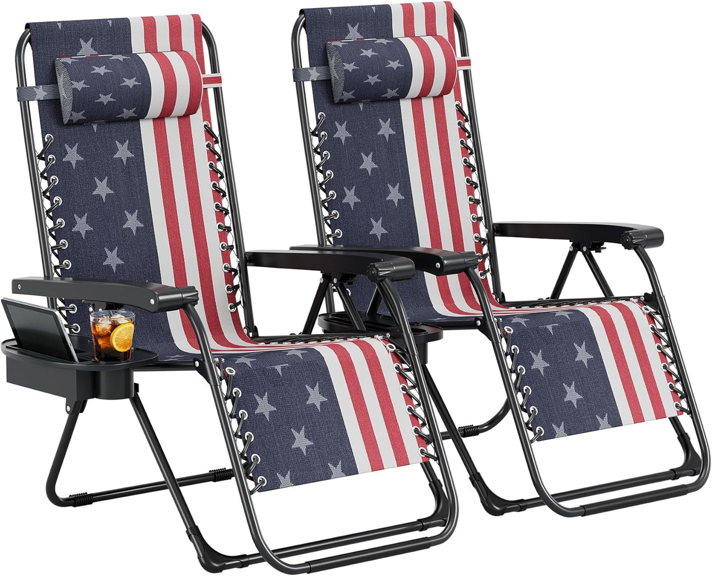 Garvee Zero Gravity Chair Set of 2, Patio Lounge Chair Outdoor with Pillow & Cup Holder Tray, Adjustable Reclining Chair, Folding Portable Camping Chair for Deck, Beach, Yard, Garden