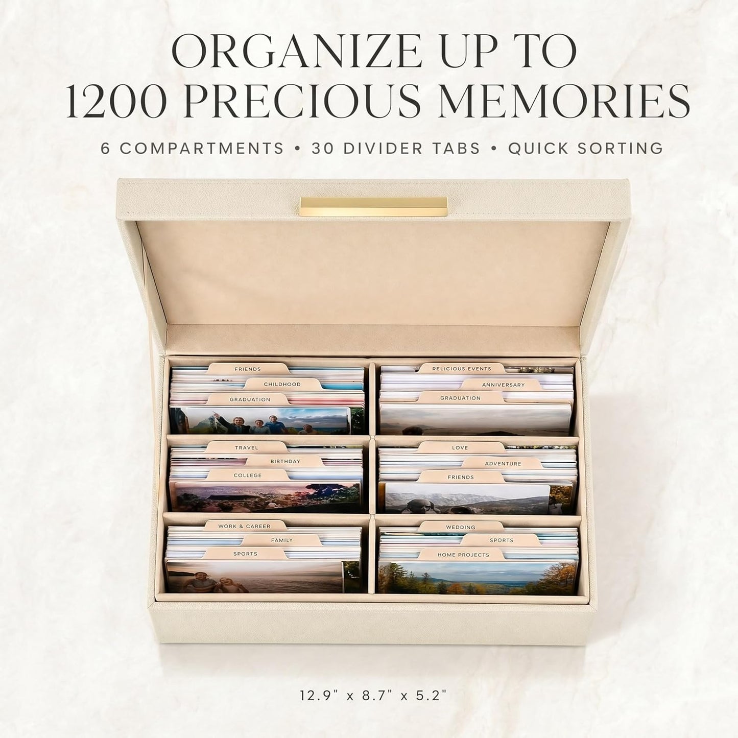 ZICOTO Decorative Photo Storage Box - Sturdy PU Leather Photo Organizer with Dividers is Perfect to Store Up to 1200 Pictures and 4x6 Photos - Portable Scrapbook Storage Containers with Lid