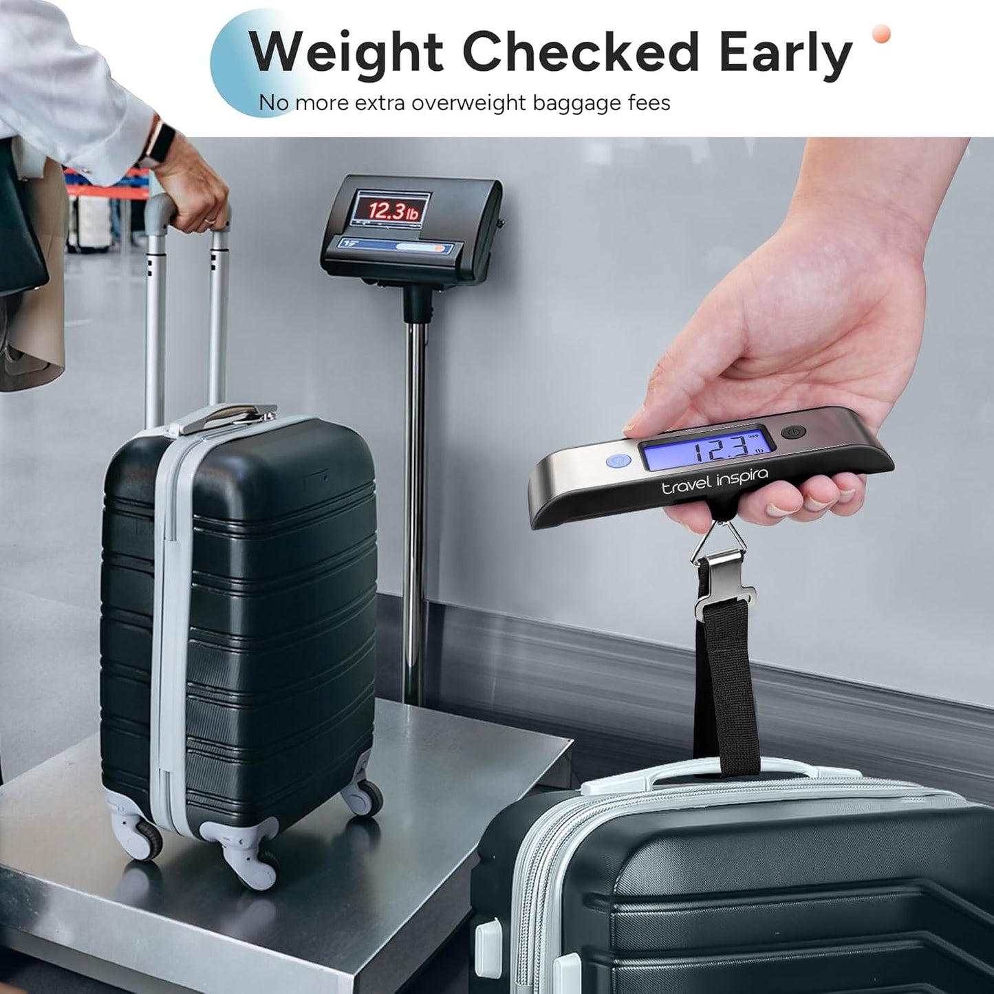 travel inspira Rechargeable Luggage Scale 110lb/50kg - Large Backlit Display - Stainless Steel - Portable Digital Hanging Scale for Suitcases, Bags, Packages (USB -C Charging Included)