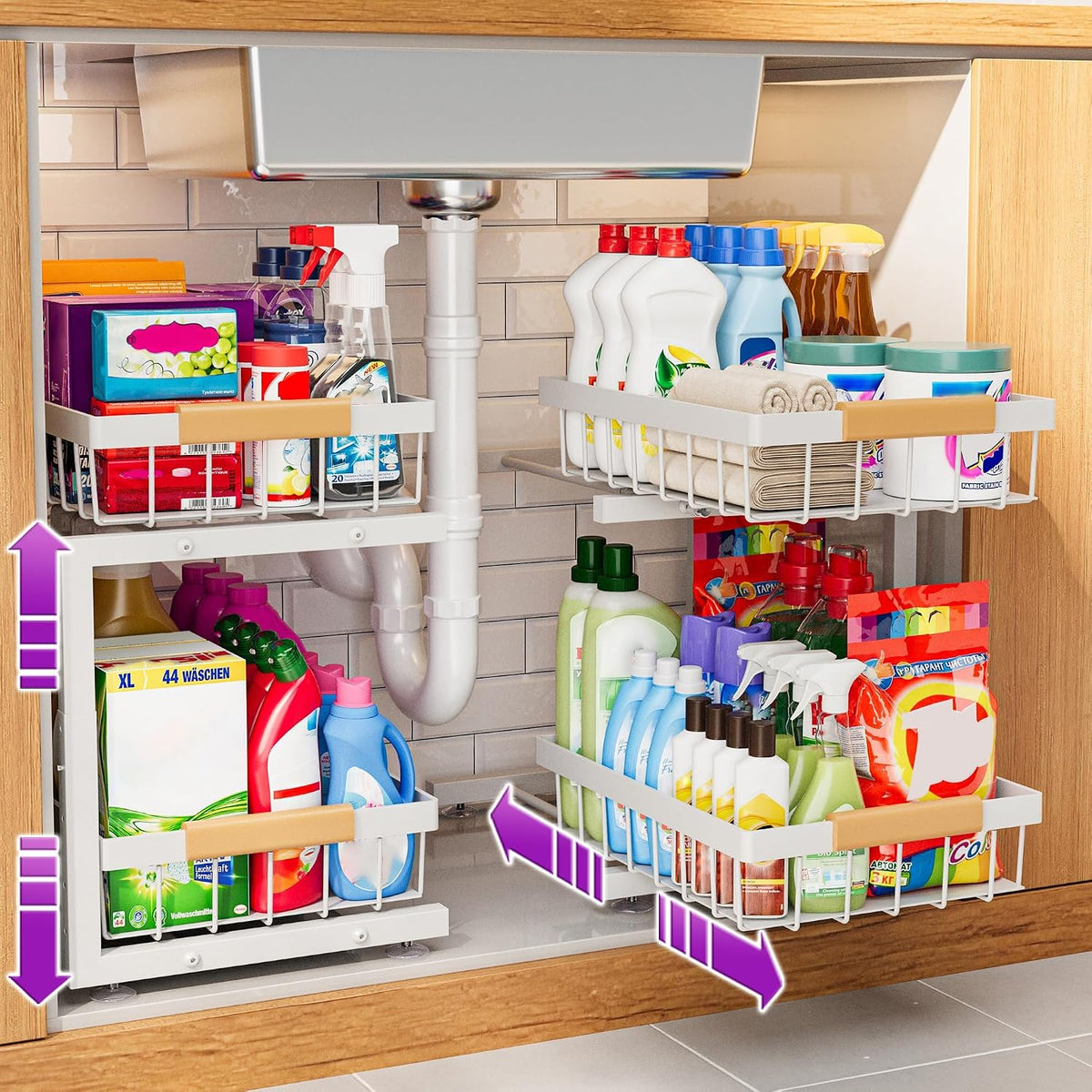 ADBIU Under Sink Organizer 2 Packs 2 Tier Expandable Height Under-Sink Organizers Slide Out Pull Out Organizer Shelf, Black