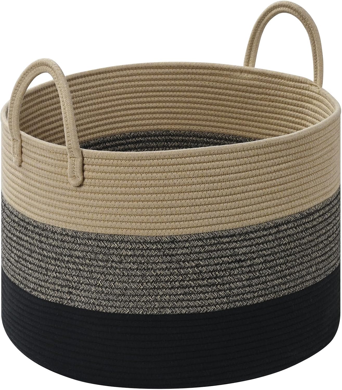 67L Large Woven Blanket Basket, Cotton Rope Baby Laundry Hamper with Handles, Kids Toy Basket for Classroom & Nursery, Soft Round Stuffed Animal Storage, Dog Toy Bin - 20"x13", Black & Brown