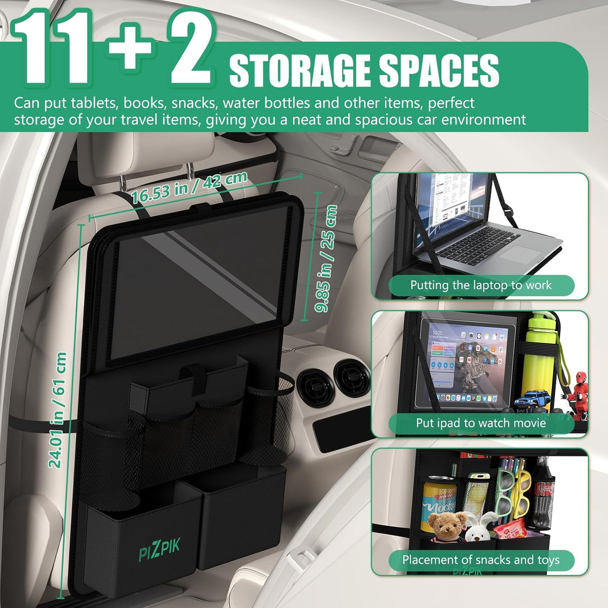 Plzpik Car Backseat Organizer with Tablet Holder,11 Storage Pockets with Foldable Food Tray, Protector Kick Mats for Kids, Travel Accessories Organizer (Black, 2Pack)