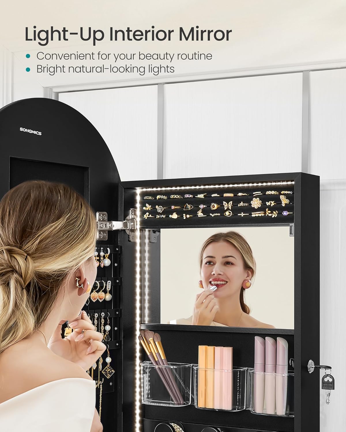 SONGMICS Wide Jewelry Organizer, LED Jewelry Cabinet Wall/Door Mounted, Arched Mirror with Storage, Lockable, Rounded Corner, Interior Mirror, 3.9 x 16.5 x 42.5 Inches, Ink Black UJJC020B01