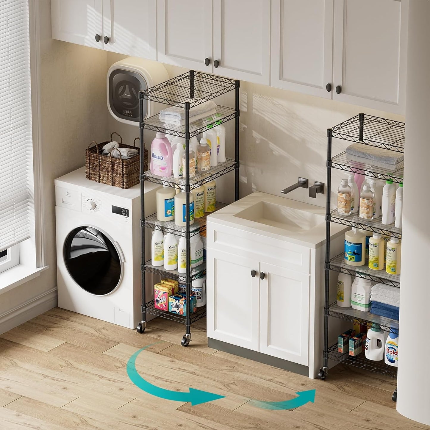 SINGAYE 6 Small Shelf Storage Wire Shelves Closet Bathroom Organizers Metal Pantry Kitchen Garage Shelving Unit Laundry Room Organization Home Narrow Rack Net Basket with Wheels Black