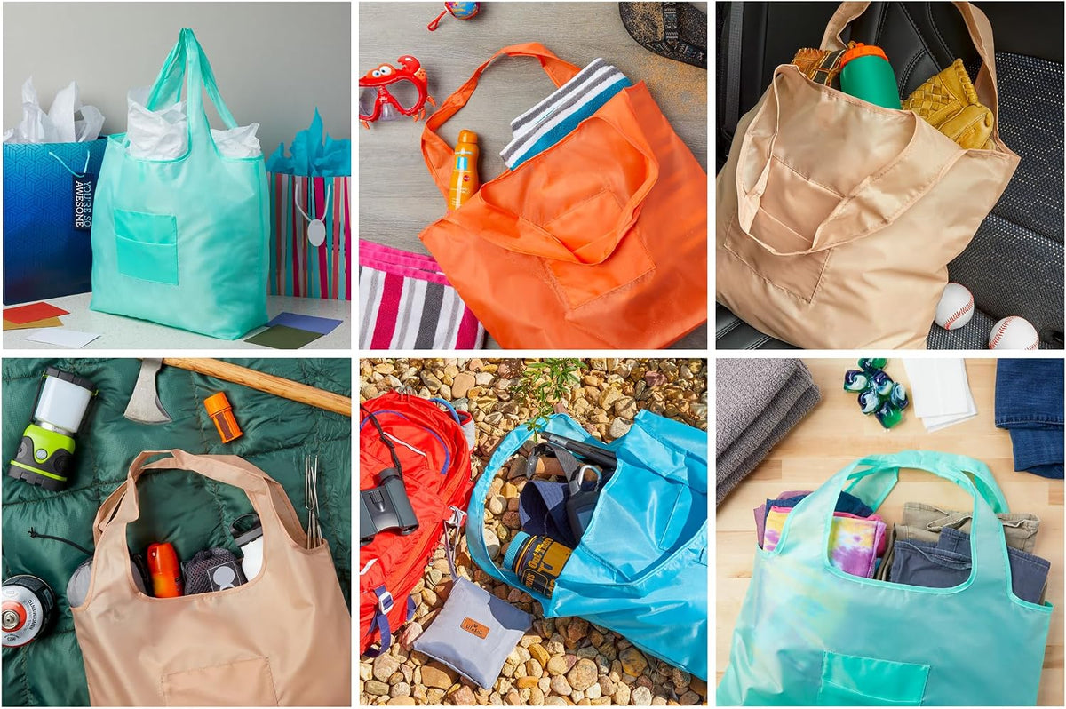 Reusable Shopping Bags - Large, Foldable, Eco-Friendly, Water-Resistant, Grocery Tote - Assorted Colors Collection - Set of 6