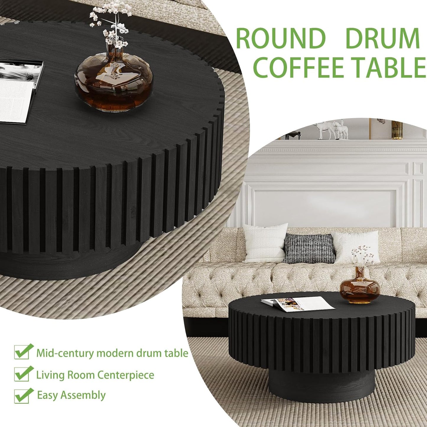 31.5" Modern Drum Coffee Table, Black | Unique Fluted Round Coffee Table, Contemporary Handcrafted Wood Tea Table for Living Room