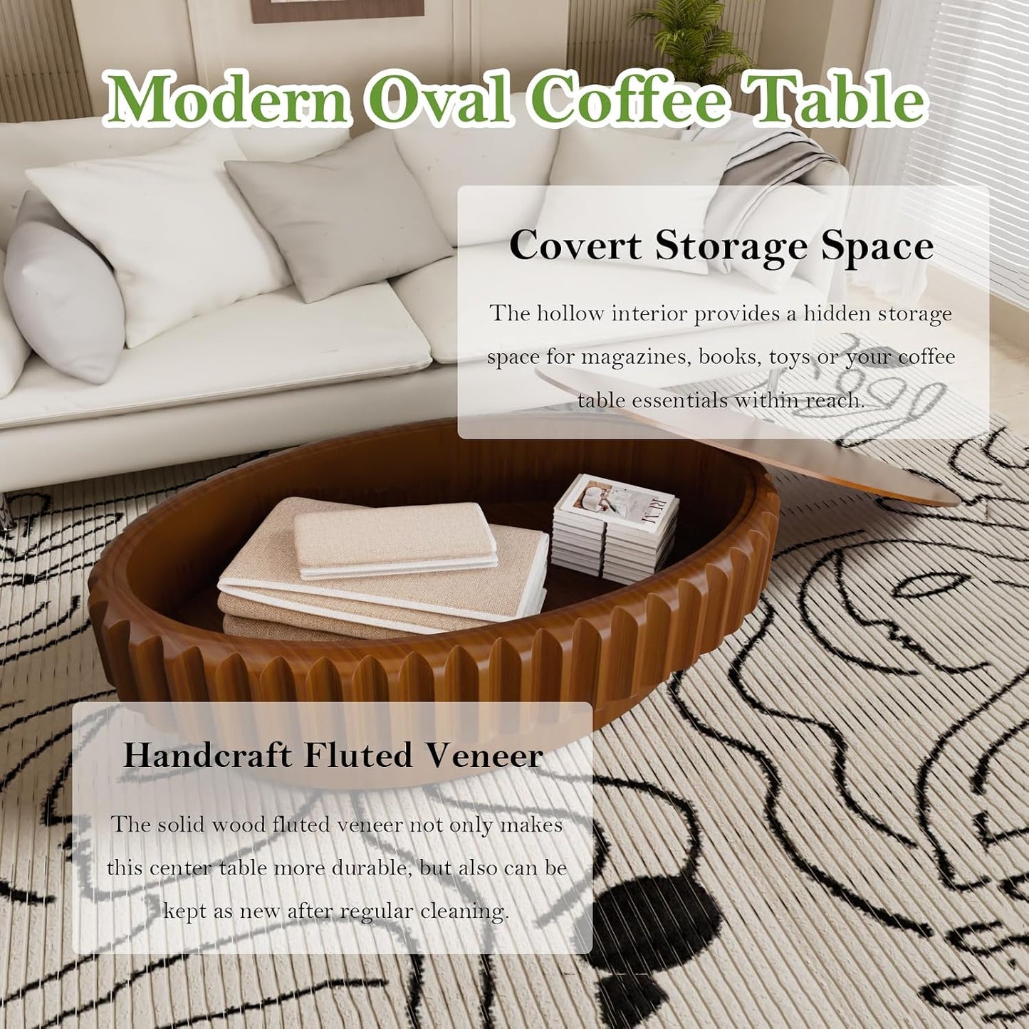 43.3" Oval Drum Coffee Table with Storage (B 43.3in) | Rustic Chic Fluted Center Table - Handcraft Solid Wood Veneer Edge | for Living Room Farmhouse