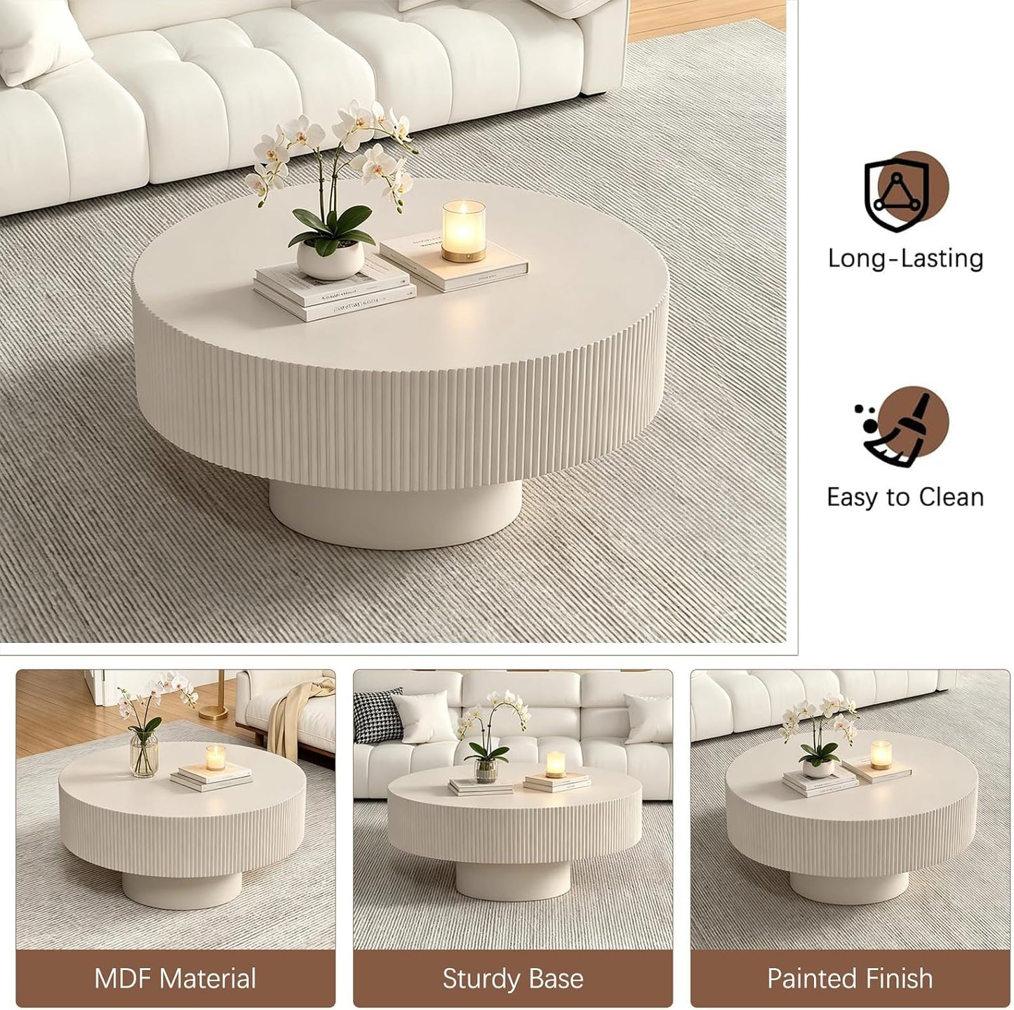 30.91" Round Drum Coffee Table,White Thickened | Modern Handcraft Fluted Accent Table, Sturdy Pedestal Circle, Luxury Center Table, For Living Room Home Office