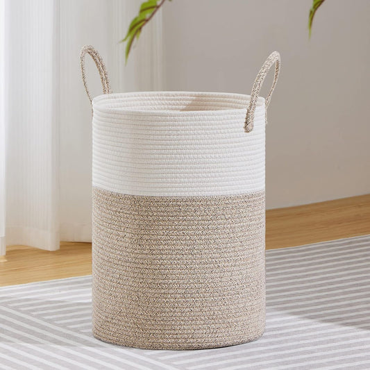 VIPOSCO 58L Tall Woven Laundry Basket Hamper, White Brown