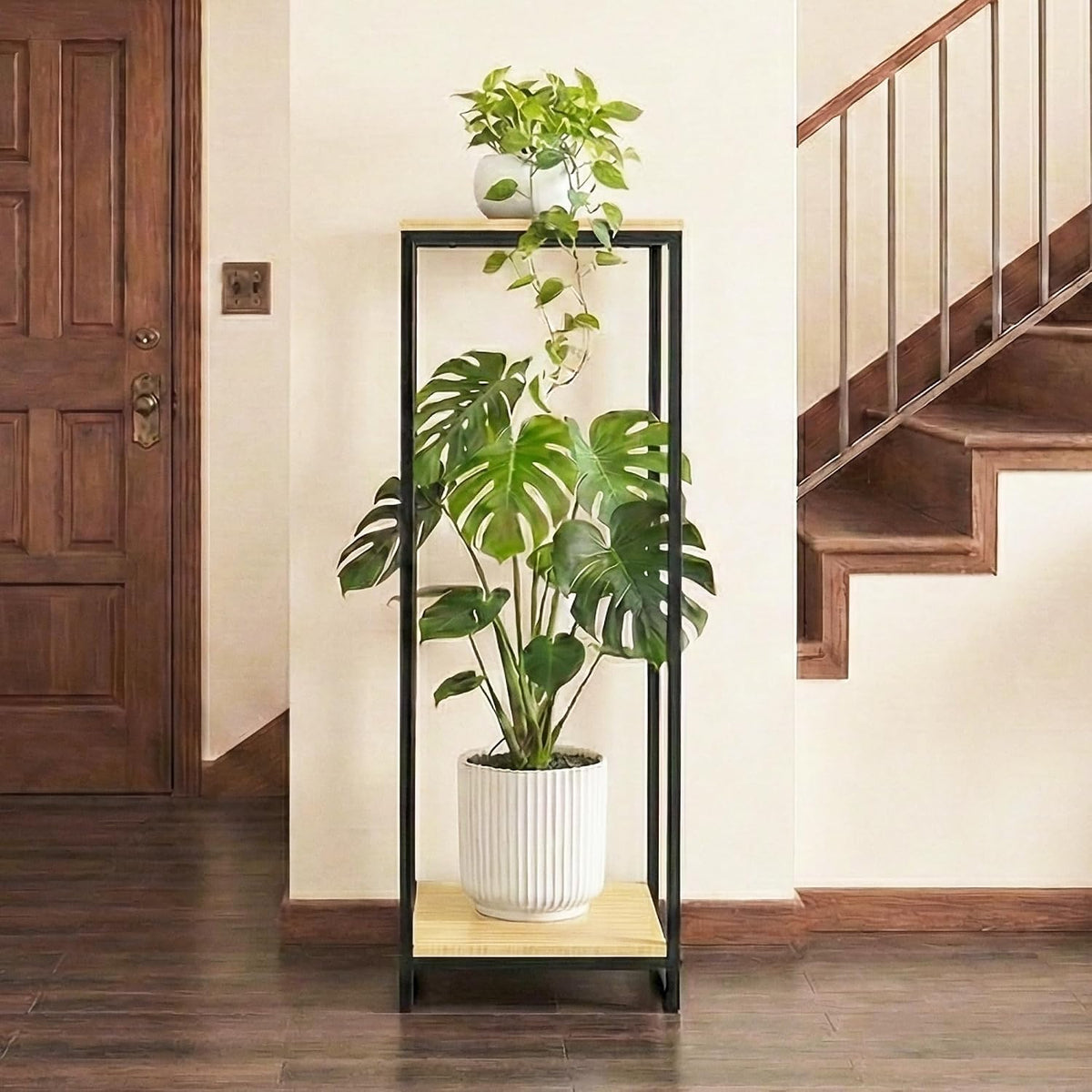 34" Tall 2-Tier Corner Plant Stand Indoor, Light Oak