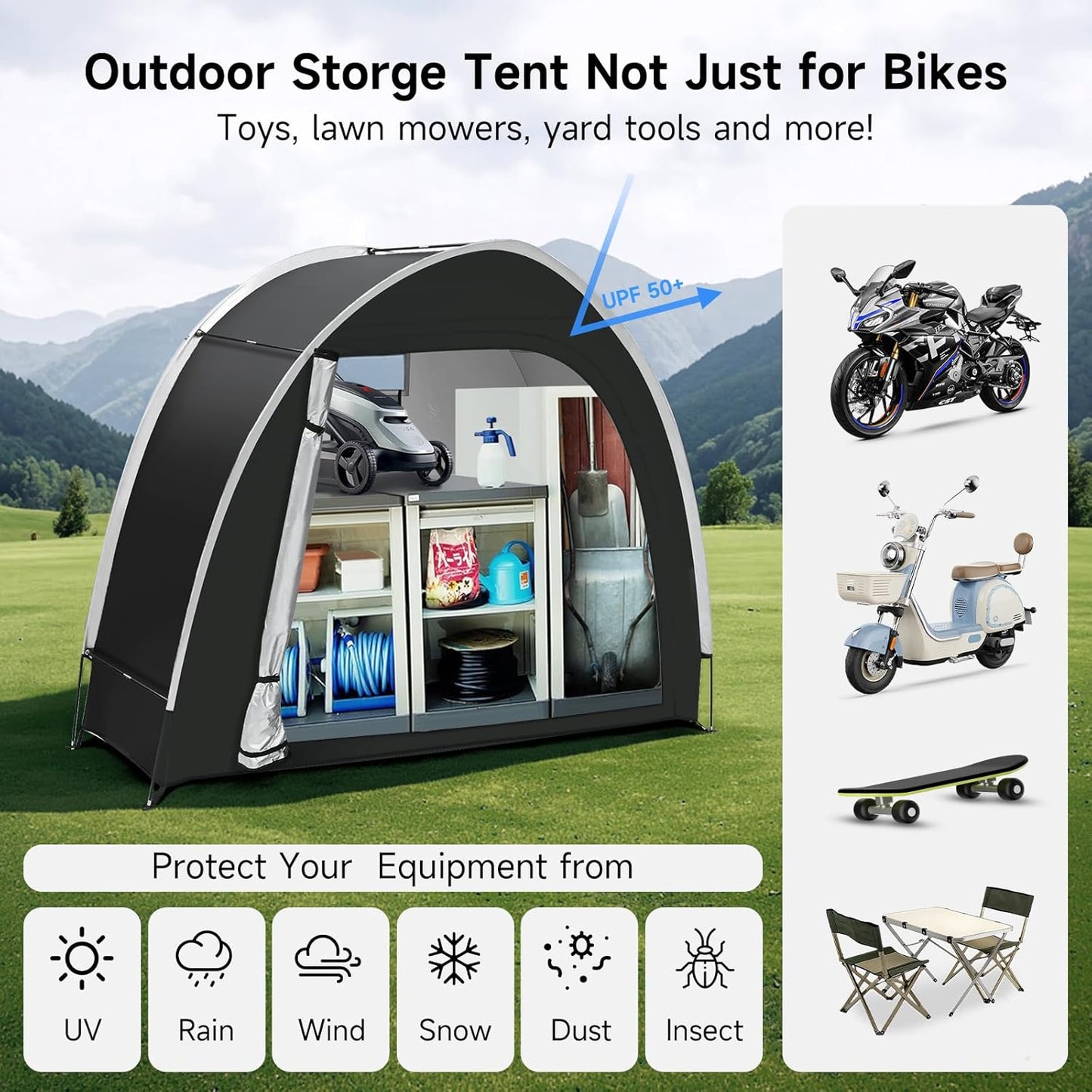Bike Storage Tent for Outdoor, 2 Bike Capacity with Extra Top Space, PU5000 Waterproof 210D Oxford Fabric with Taped Seams, Portable Floor Storage Shed for Bicycle, Motorcycle & Garden Tools, etc