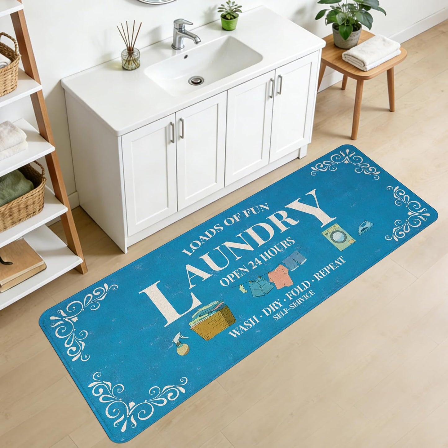 Washable Laundry Room Rug, 20"X47" Non Slip Laundry Mat Runner Soft Low-Pile Laundry Room Organization Farmhouse Decor Area Rug for Entryway Hallway Kitchen Bathroom Blue