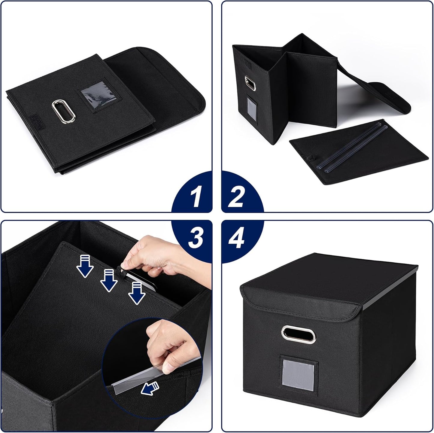CADONO File Organizer Box with Lid, Large Hanging File Folder Organizer with Plastic Slide, Collapsible Portable Filing Storage Boxes for Office/Decor/Home (Black, 14.9 x 12.59 x 10.8 inch)