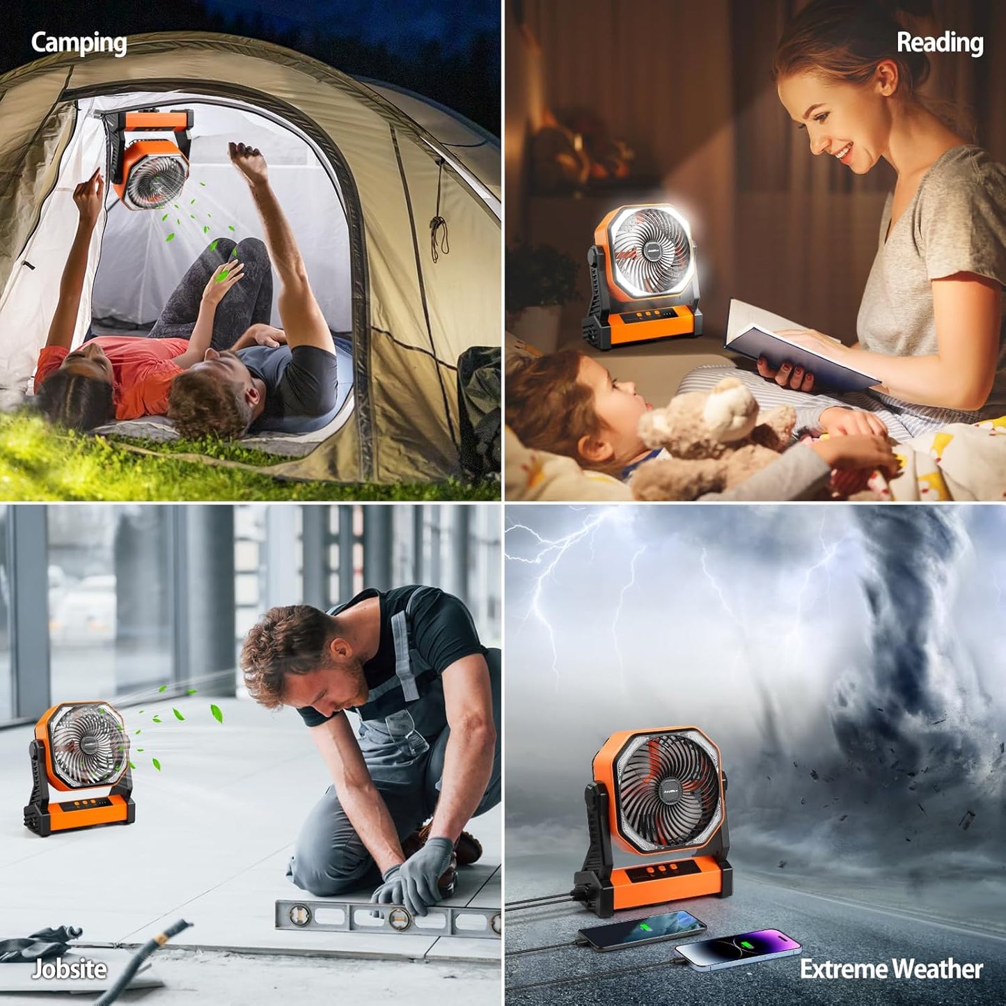 20000mAh Battery Powered Camping Fan, 58Hrs Rechargeable Portable Fan, 400LM Light, 360° Hook, Whisper Quiet Battery Operated Fan for Outdoor Car Travel Gear Essentials Power Outages Co-brand AMACOOL