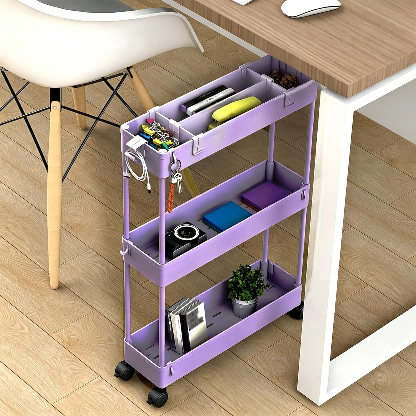 SPACELEAD Slim Storage Cart 3 Tier,Bathroom Organizer Rolling Utility,Mobile Shelving Unit Slide Out for Office, Kitchen, Laundry Room & Narrow Places,Purple