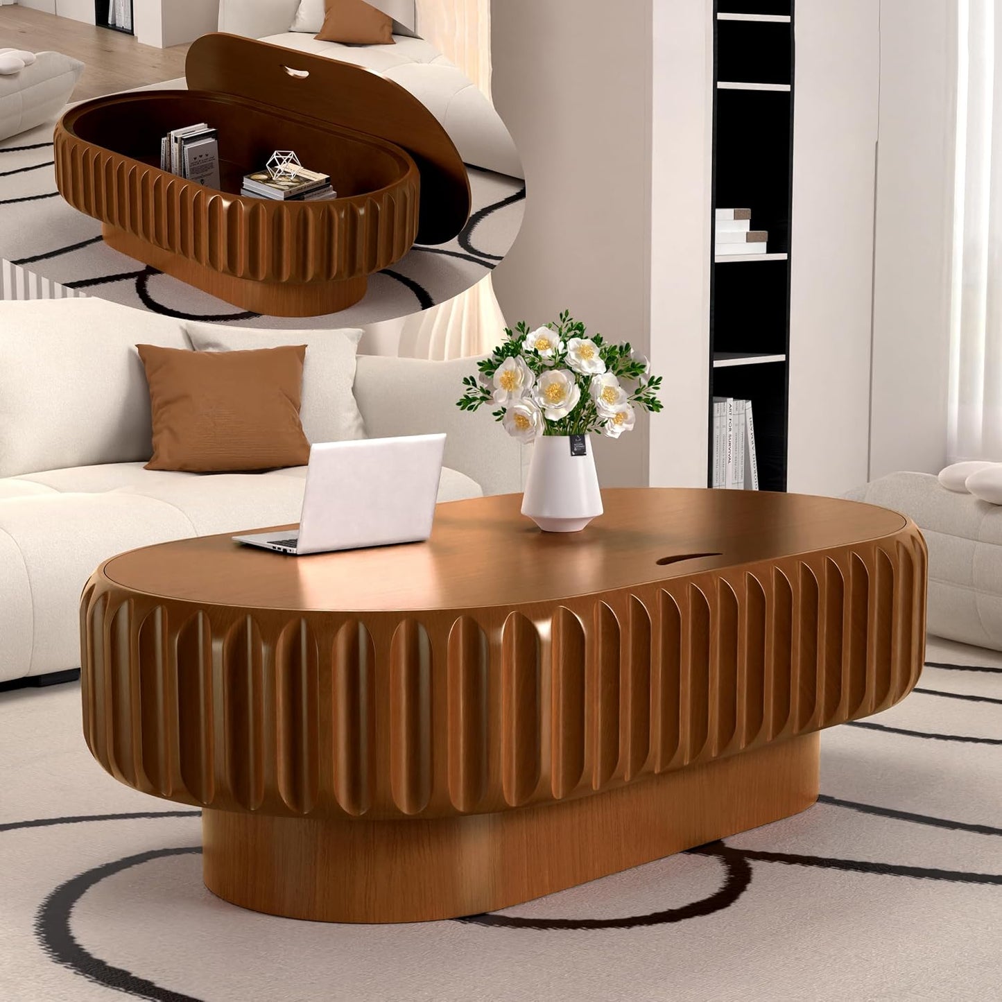 43.3" Oval Drum Coffee Table with Storage (C 43.3in) | Rustic Chic Fluted Center Table - Handcraft Solid Wood Veneer Edge for Living Room Farmhouse