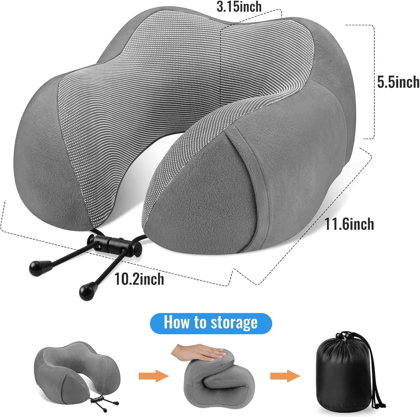 CloudBliss Travel Pillows for Airplane, Memory Foam Neck Pillows for Travel, Compact Neck Pillow for Long Flight, Car & Office, Plane Accessories with Eye Mask, Earplugs, Carry Bag, Black & Dark Grey