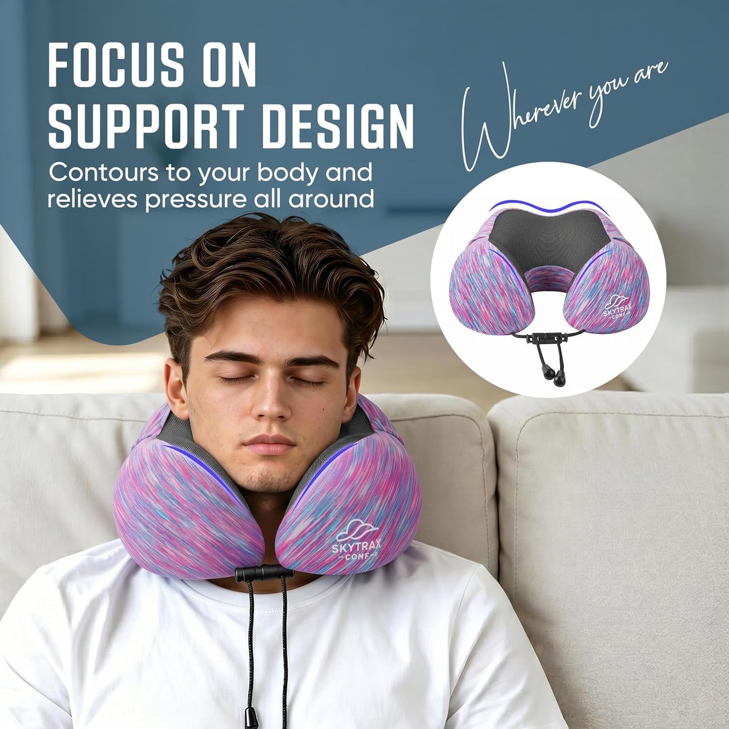 Travel Pillow with Extra Large Hood for Airplane Long Flights Privacy and Comfort Memory Foam with Skin-Friendly Cover for Road Trip Head&Neck Support for Plane Office Cars Sleeping & Rest(Colorful)