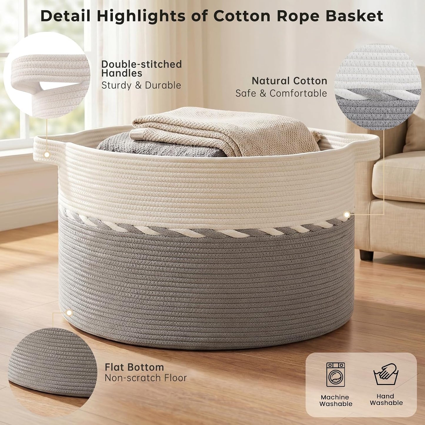 OIAHOMY 90L Extra Large Blanket Basket - Decorative Cotton Rope Storage Basket for Bedroom, Living Room & Nursery - Woven Laundry Hamper for Organizing Blankets, Clothes & Toys - Grey & White