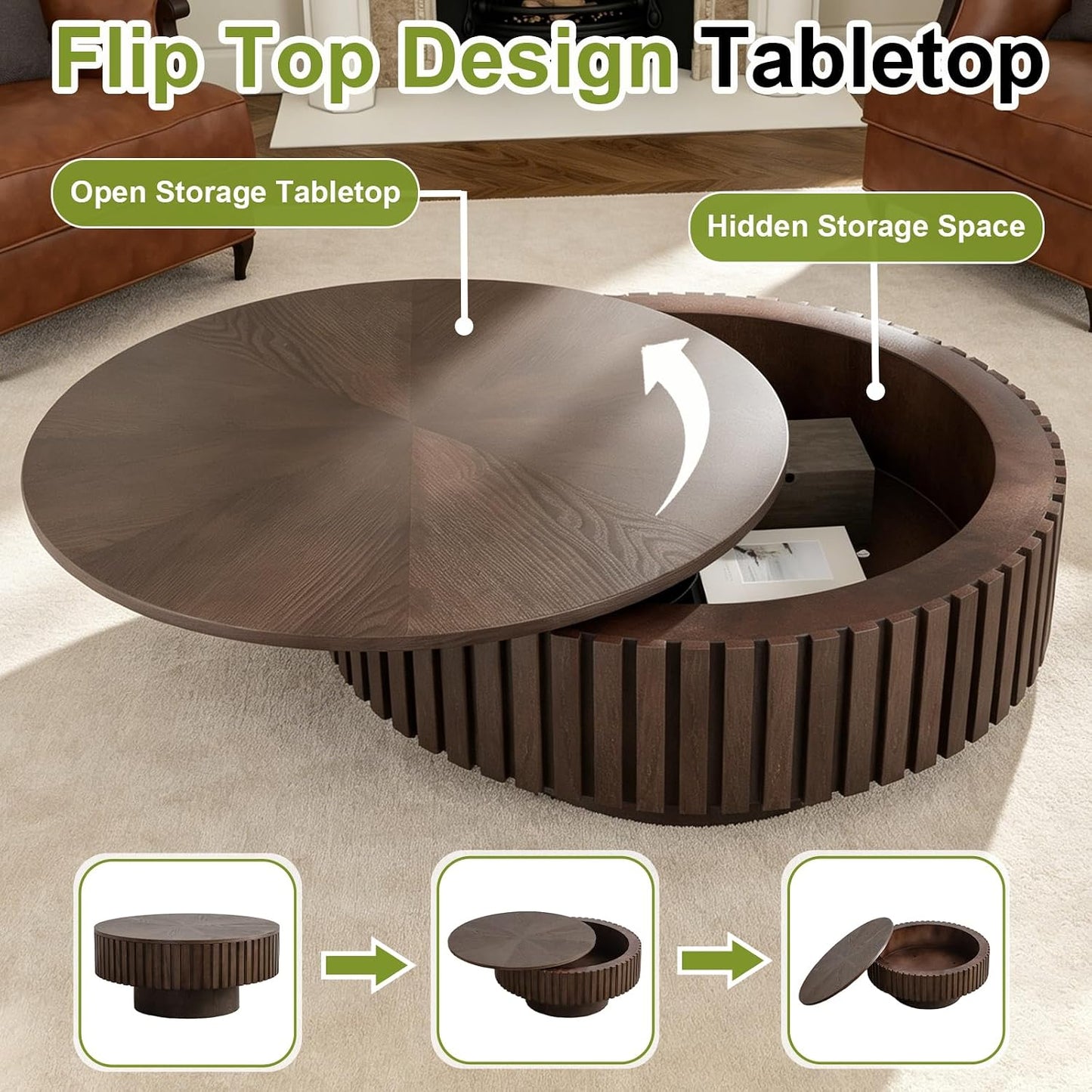 31" Brown Round Coffee Table with Storage (G, 1PC) | For Living Room, Circle Drum Wood Fluted Coffee Table with Flip-Top Lid, Farmhouse Modern, For Small Spaces, Easy Assembly