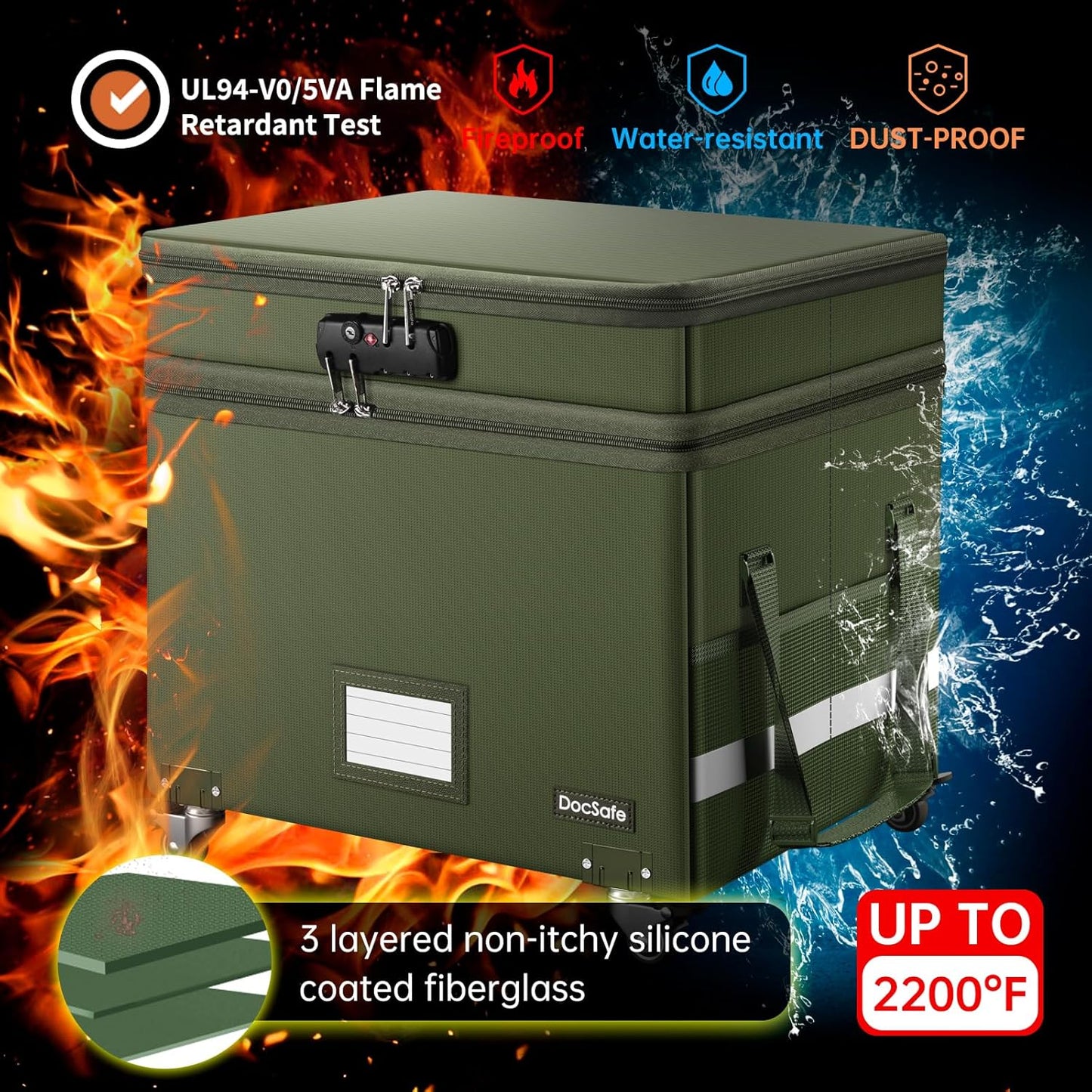 DocSafe File Box with Lock,2-Layer Fireproof Document Box with Wheels,Collapsible Rolling File Storage Organizer with Pockets,Large Portable Home Office Filing Cabinet Safe for Hanging Folders,Green