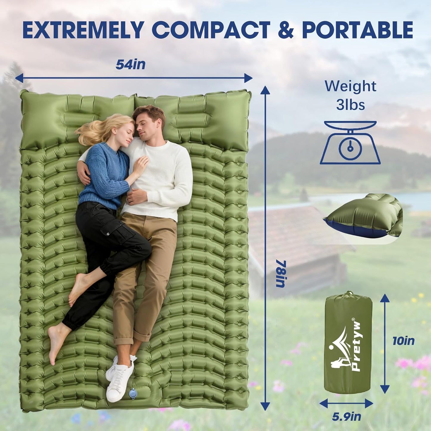 Double Sleeping Pad for Camping - Ultralight Camping Mattress with Pillow, Built-in Foot Pump, Compact Inflatable 2-Person Portable Mat for Backpacking, Hiking, Car Traveling, Beach, Tent