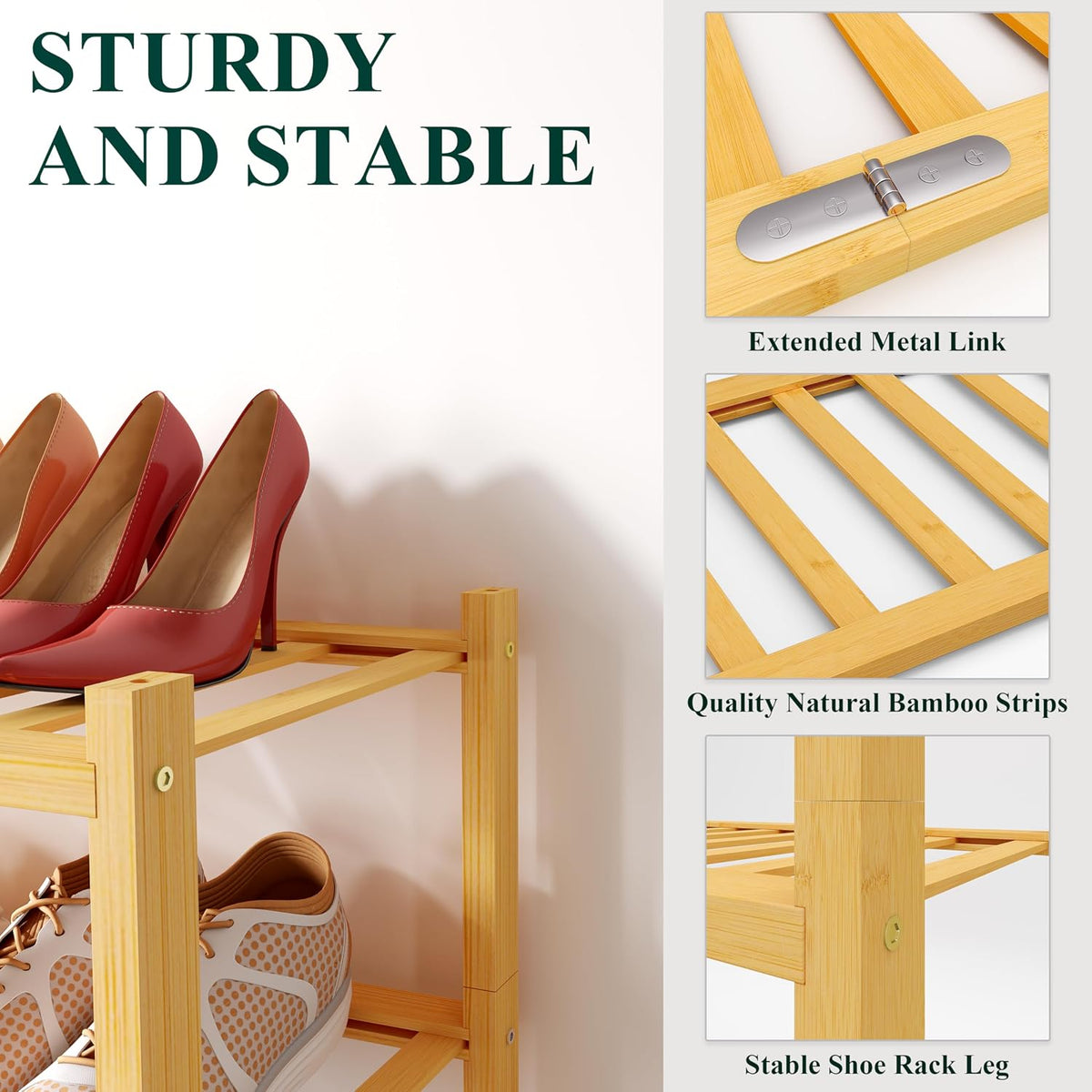 Smiry Bamboo Shoe Rack, 12 Vertical Slats, 2 Tier - 26.8" Wide, Natural