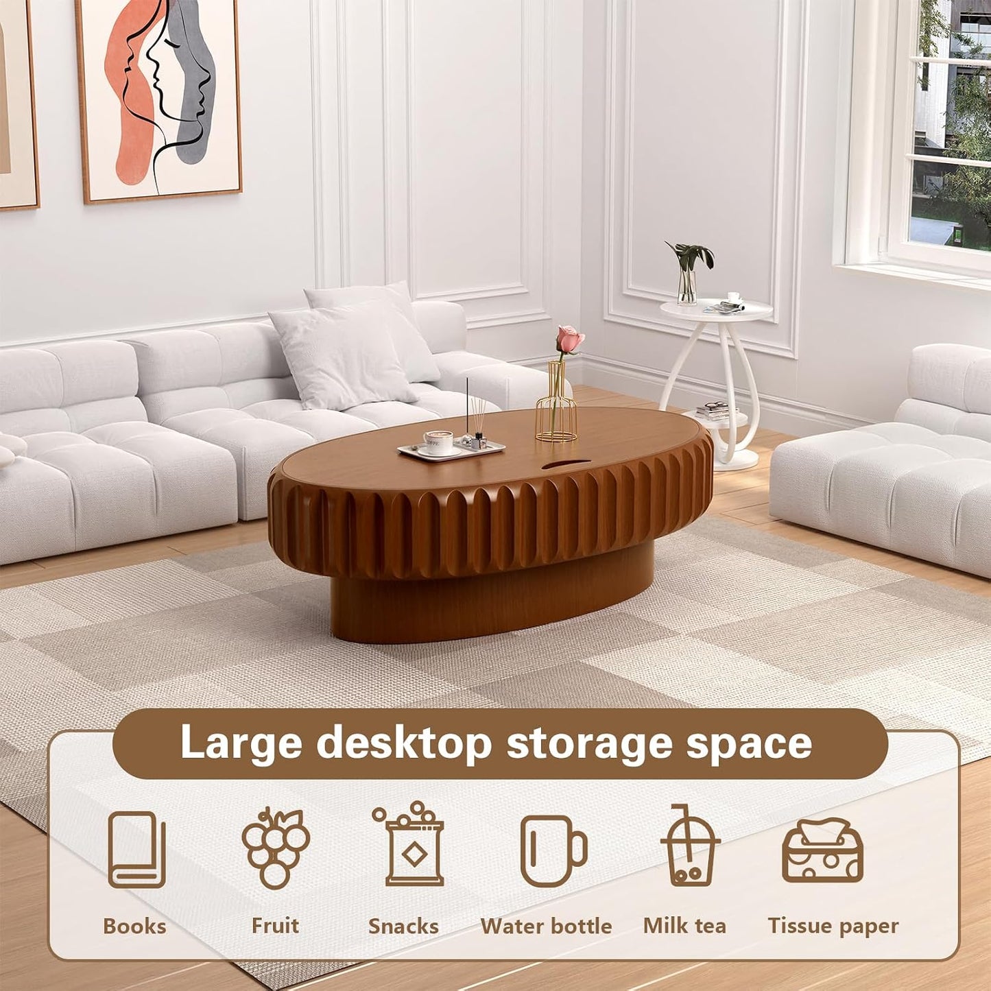 43.3 in Brown Oval Drum Coffee Table with Storage | Modern Oval Fluted Storage Center Table Handcrafted Solid Wood Fluted Edge, Sturdy Oval Base For Living Room, Apartment