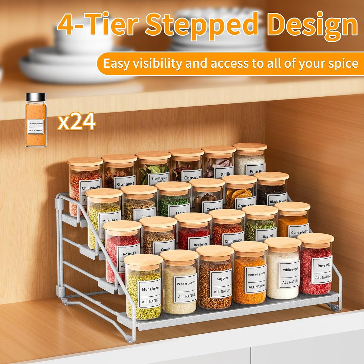 Spice Rack Organizer for Cabinet, Depth Adjustable 4 Tier Spice Rack,1 Pack