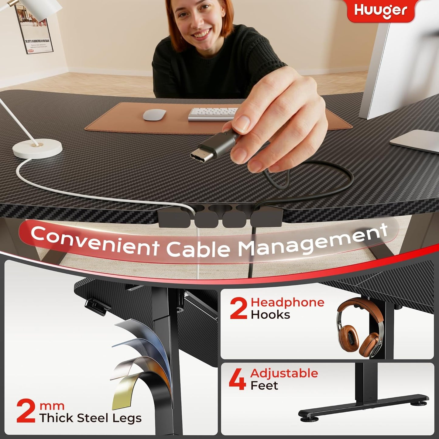 Huuger Electric Standing Desk with Power Outlets and USB-C Port, 47 X 24 Inch Height Adjustable Desk, Sit Stand Desk for Home Office, Computer & Gaming Desk with 4 Presets, Carbon Black