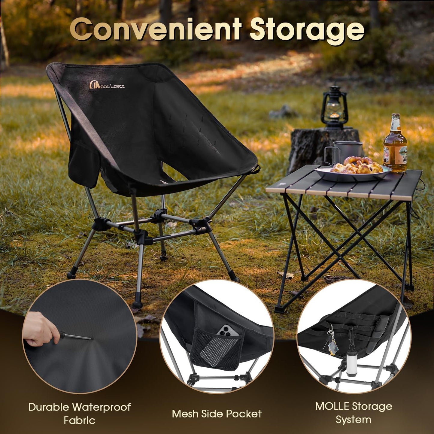 MOON LENCE Portable Camping Chair Plus, Larger & Roomier, Compact and Lightweight Still, Folding Chair for Backpacking & Hiking, 330Lbs Capacity (Black-2pack)