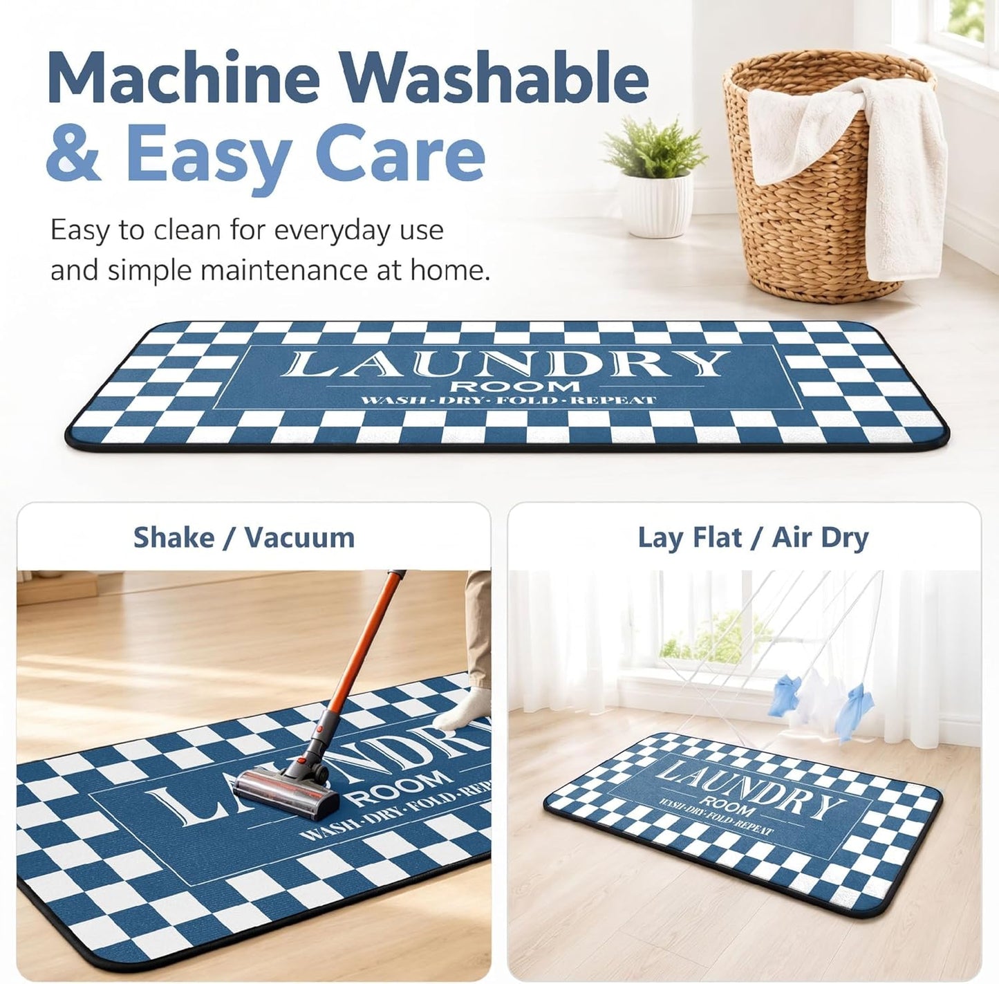 ROMAMIGO Laundry Room Rug Runner Non Slip Laundry Mats Mudroom Laundromat Runner Farmhouse Kitchen Floor Mat Bathroom Laundry Room Decor Accessories(20 X 47 inch, Blue Checkerboard)