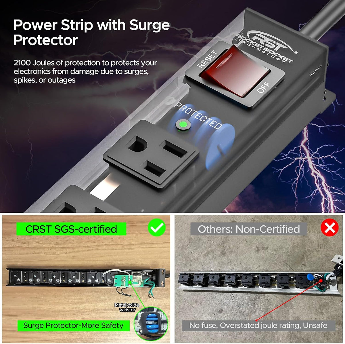 CRST 2Pack 6 Outlet Heavy Duty Power Strip with Switch 15A/1875W, 6FT Cord