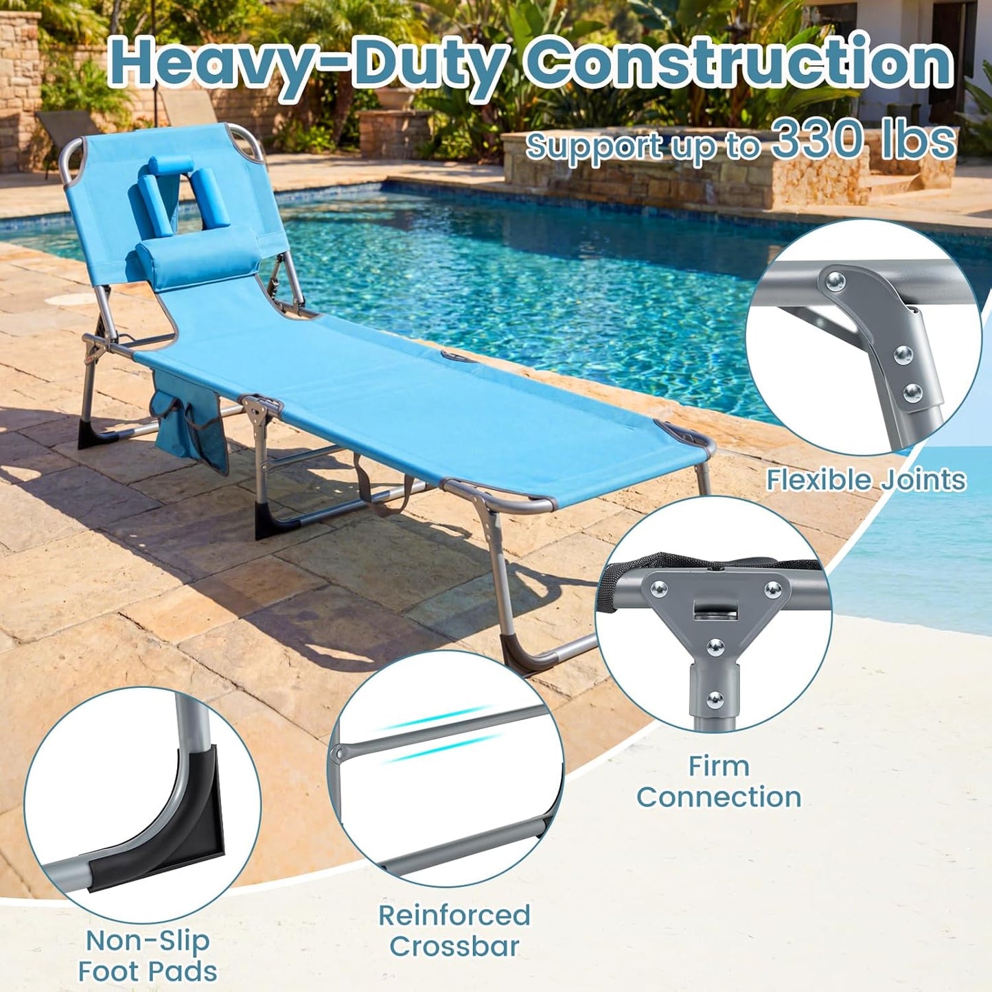 COSTWAY Tanning Chair with Face Hole, Folding Beach Lounge Chair with 4-Position Adjustable Backrest, Pillow & Side Pocket, Foldable Chaise Lounge Chair Outdoor for Sunbathing, Camping (1, Blue)