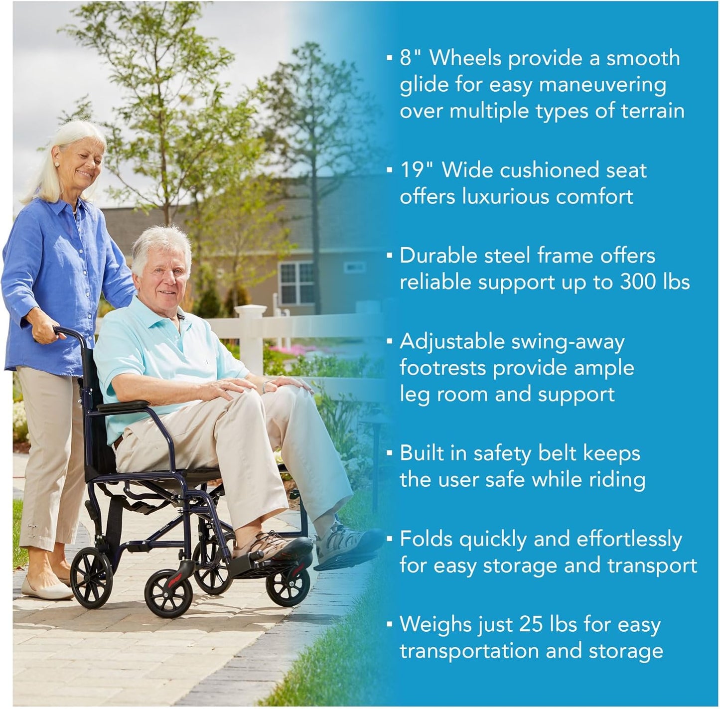 Carex Transport Wheelchair With 19 inch Seat, Folding Transport Chair with Foot Rests, Foldable Lightweight Wheelchair Foldable for Storage and Travel